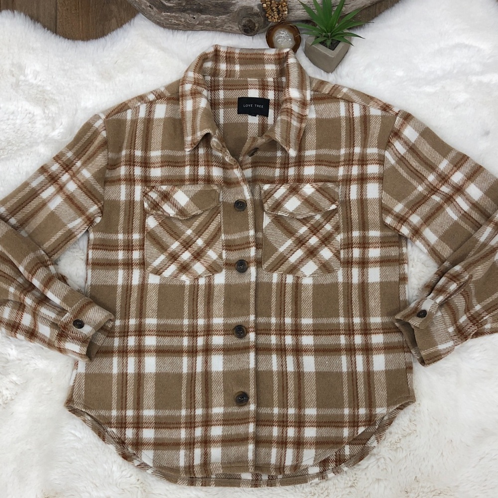 Love Tree Tan & Brown Plaid Shacket Jacket Oversized
